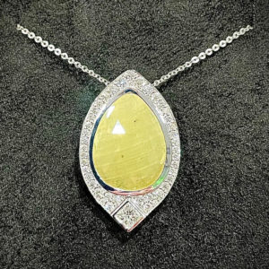 Our Diamond Drop raffle features a stunning yellow sapphire and diamond pendant