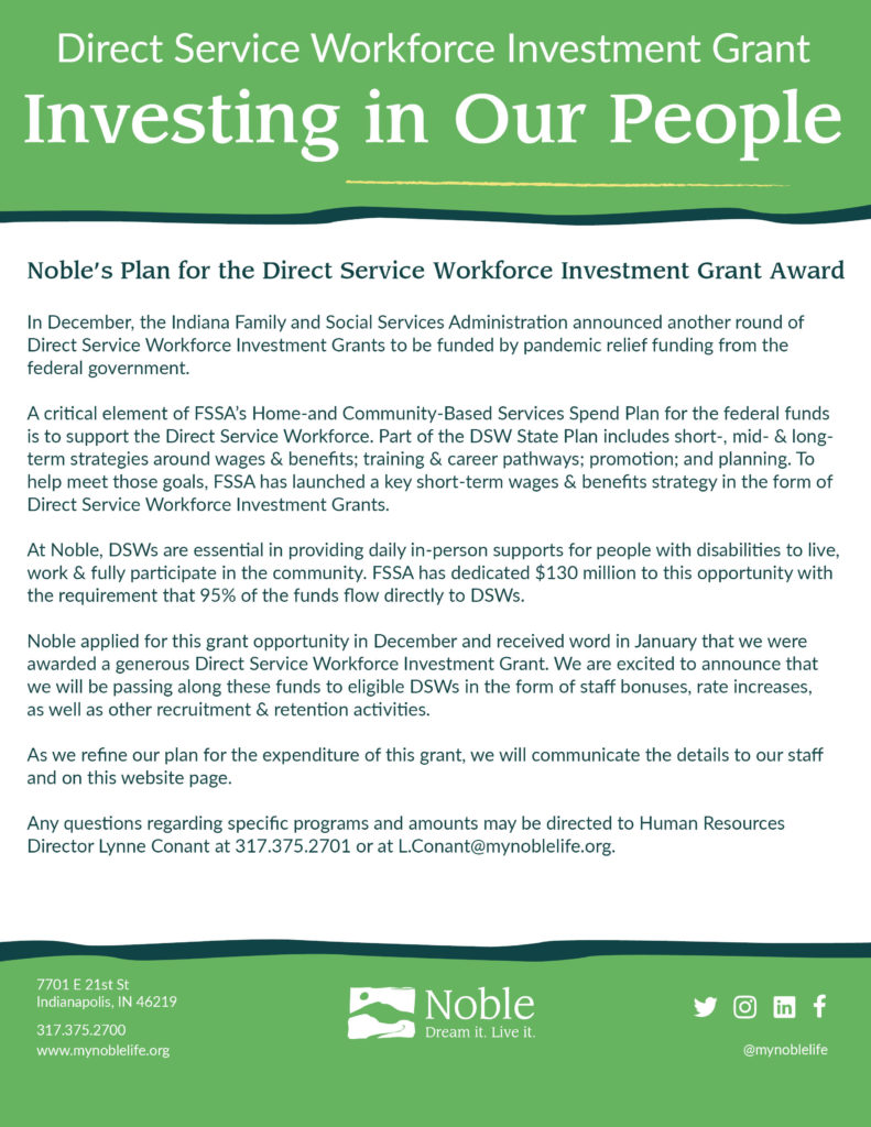 Noble has been awarded a generous Direct Service Workforce Investment Grant